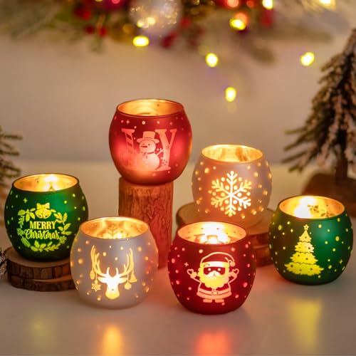 Glasseam Christmas Candle Holder Glass: Tea Light Candle Holders Set of 6 Red Green White Christmas Tea Light Holders Decorative Votive Candle Holder for PartyTable Centrepieces Decorations Gift