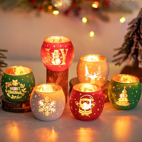 Glasseam Christmas Candle Holder Glass: Tea Light Candle Holders Set of 6 Red Green White Christmas Tea Light Holders Decorative Votive Candle Holder for PartyTable Centrepieces Decorations Gift