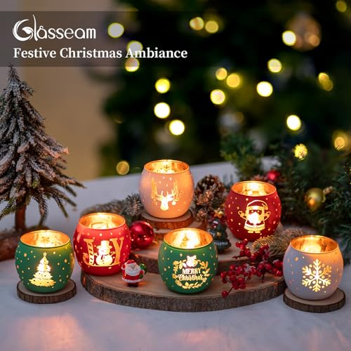 Glasseam Christmas Candle Holder Glass: Tea Light Candle Holders Set of 6 Red Green White Christmas Tea Light Holders Decorative Votive Candle Holder for PartyTable Centrepieces Decorations Gift