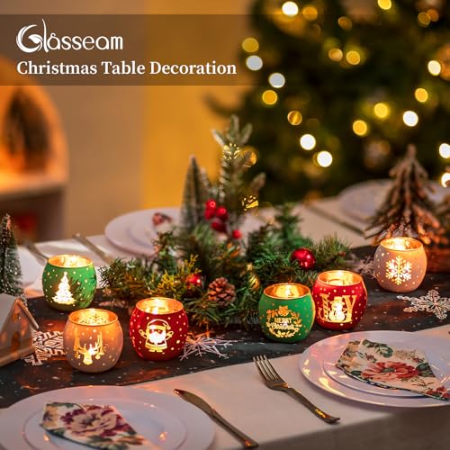 Glasseam Christmas Candle Holder Glass: Tea Light Candle Holders Set of 6 Red Green White Christmas Tea Light Holders Decorative Votive Candle Holder for PartyTable Centrepieces Decorations Gift