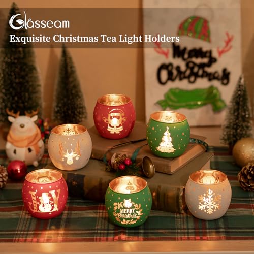 Glasseam Christmas Candle Holder Glass: Tea Light Candle Holders Set of 6 Red Green White Christmas Tea Light Holders Decorative Votive Candle Holder for PartyTable Centrepieces Decorations Gift