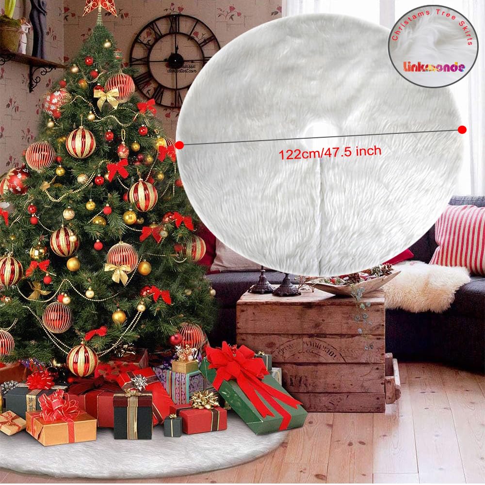 Linkmonde Faux Fur Christmas Tree Skirt 35 Inch/90CM, Large Snowy White Xmas Tree Plush Skirt for Indoor and Outdoor Decoration, Decorative Holiday Party Decorations