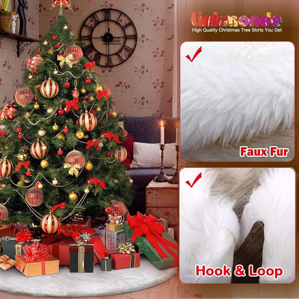 Linkmonde Faux Fur Christmas Tree Skirt 35 Inch/90CM, Large Snowy White Xmas Tree Plush Skirt for Indoor and Outdoor Decoration, Decorative Holiday Party Decorations