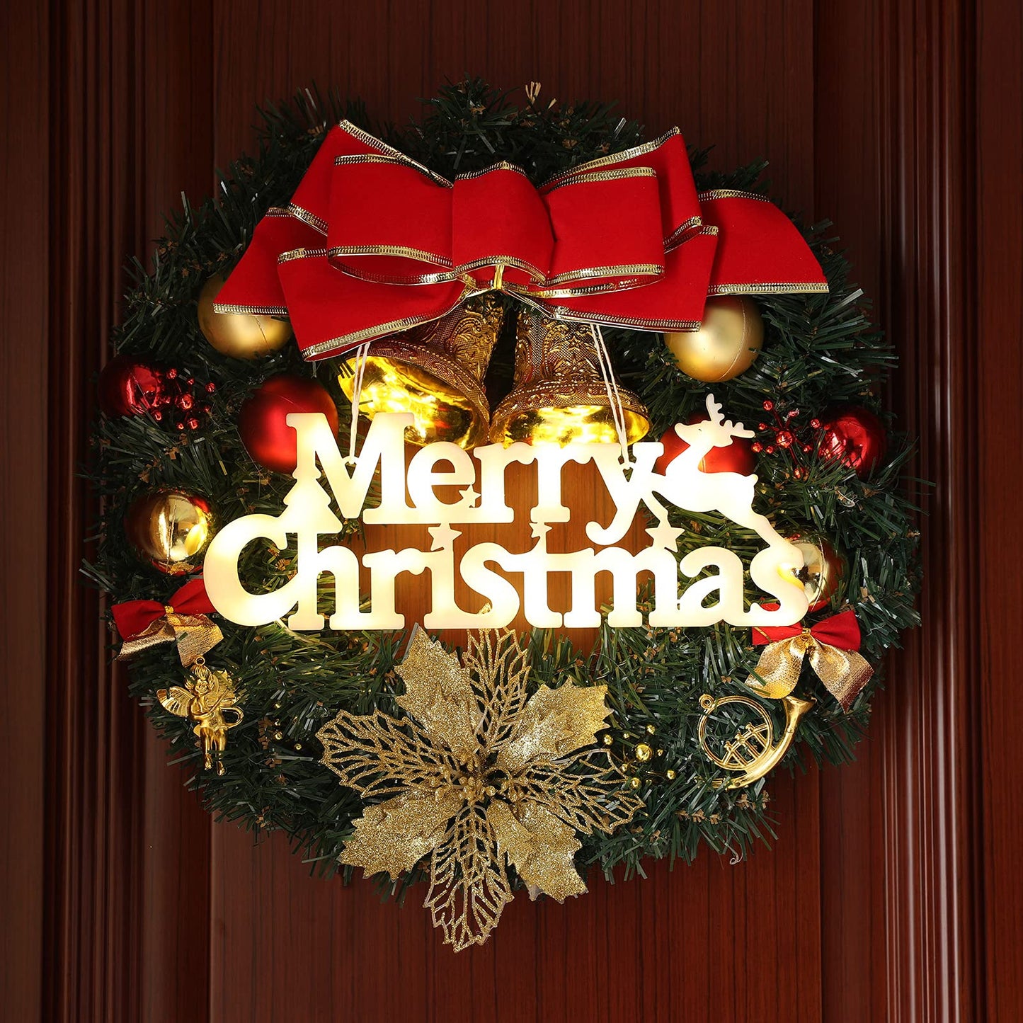 BLOOMWIN Merry Christmas Sign Lighted for Wreath LED Hanging Window Decorative Light Glowing Letter Sign Light Up Board for Xmas Tree Wall Door Fireplace Indoor Outdoor, 2 Modes, Battery Not Included