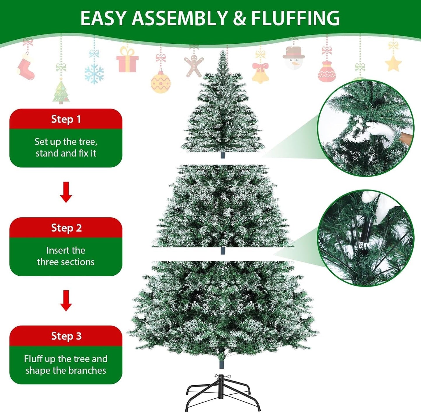 Realistic Artificial Christmas Tree with Flocked Snow Frosted Tips & Metal Stand | Full & Bushy Freestanding Xmas Tree for a Natural Look (6ft)