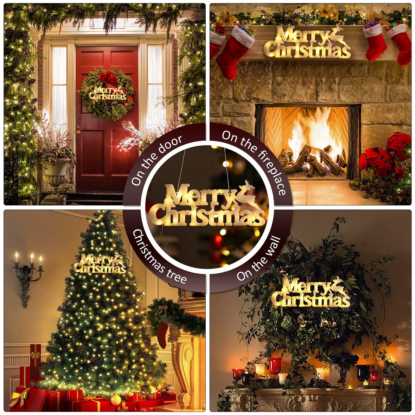 BLOOMWIN Merry Christmas Sign Lighted for Wreath LED Hanging Window Decorative Light Glowing Letter Sign Light Up Board for Xmas Tree Wall Door Fireplace Indoor Outdoor, 2 Modes, Battery Not Included